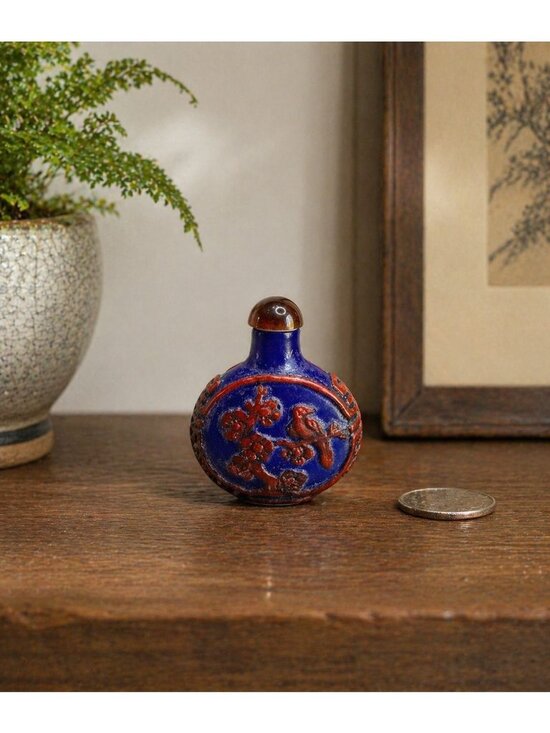 Chinese Other - Chinese Snuff Bottle Blue Red Porcelain Relief Bird Floral 2.5"